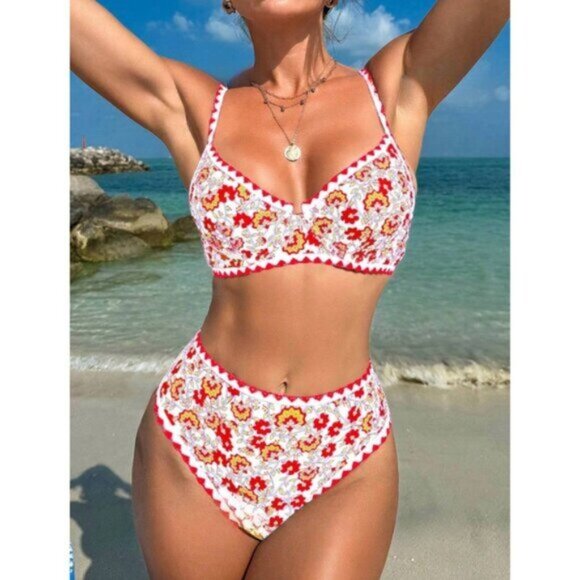 Floral High Waist Underwire Bikini Bathing Suit Red - Picture 1 of 3